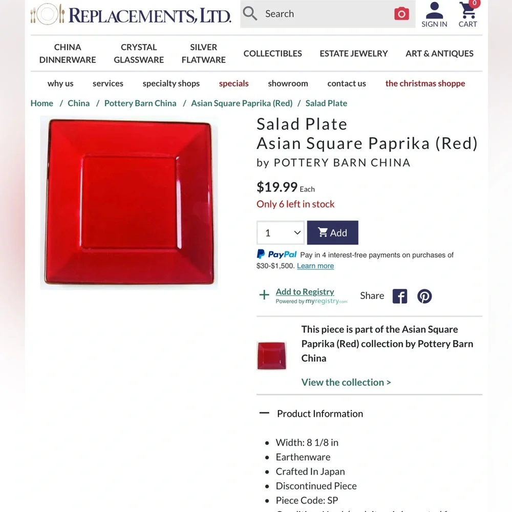 Set of 2 POTTERY BARN CHINA Salad Appetizer Plates Asian Square Paprika (Red) 8”